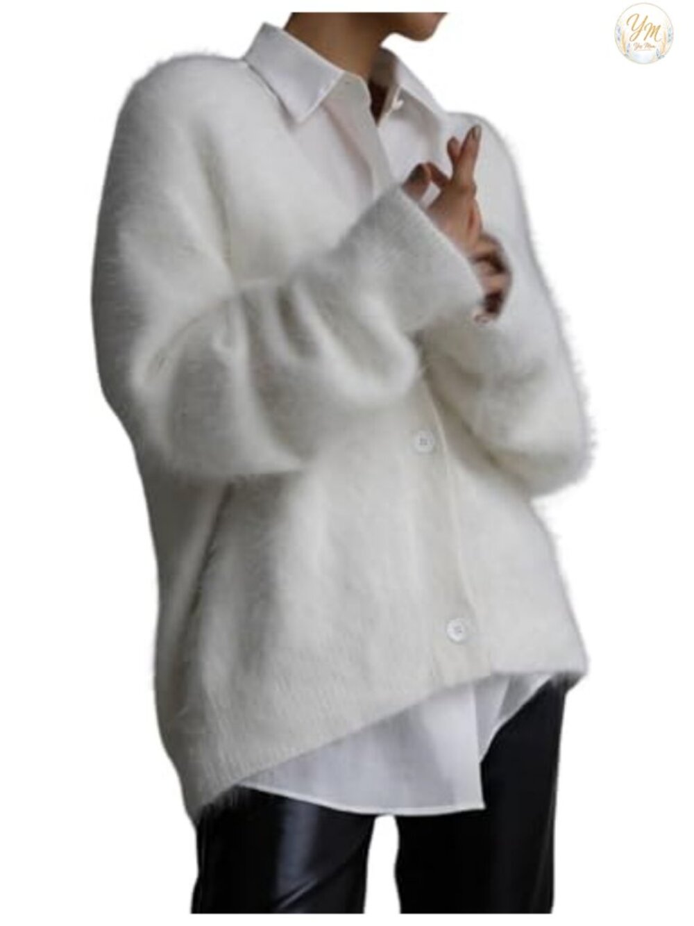 Women's Fuzzy Cardigan Sweater V Neck Long Sleeve Button Down Slouchy Knit